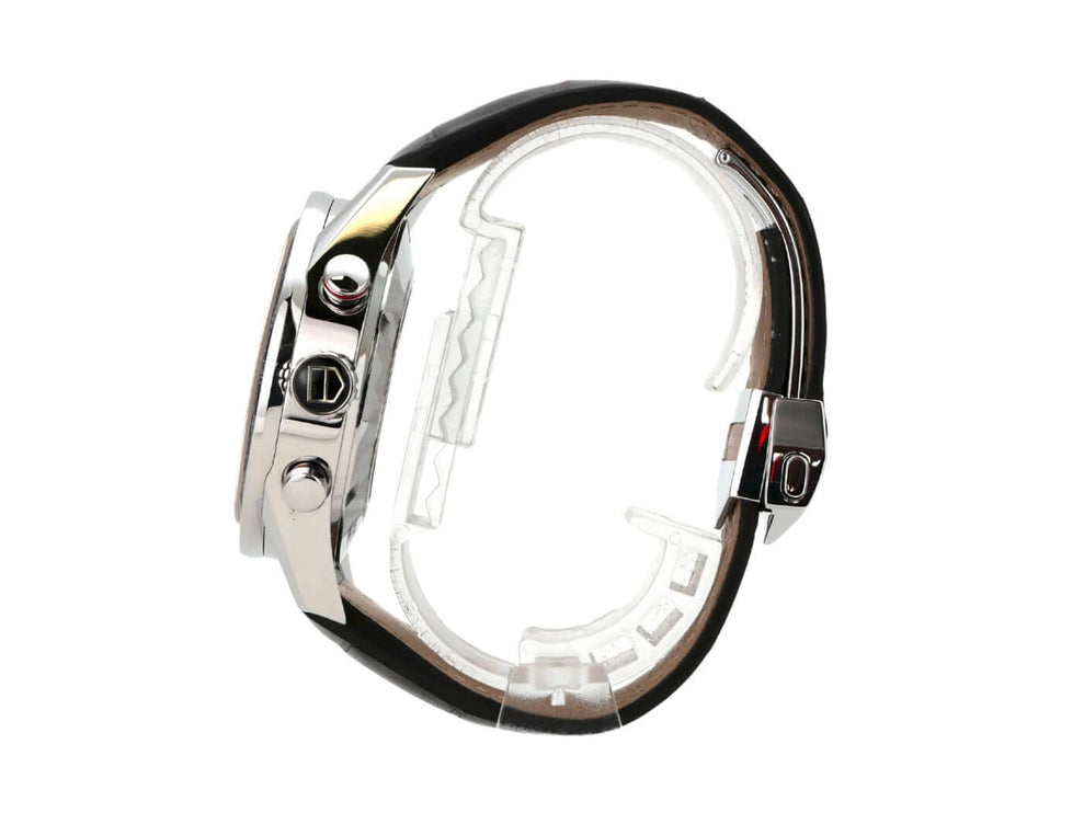 TAG Heuer Carrera Calibre 16 Chronograph CV2A1S.FC6236 seitliche Ansicht mit Edelstahlgehäuse und braunem Lederband.