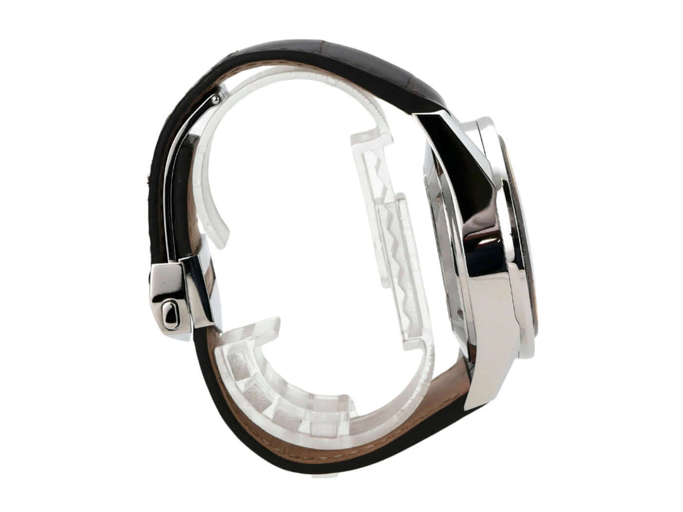 TAG Heuer Carrera Calibre 16 Chronograph CV2A1S.FC6236 seitliche Ansicht mit braunem Lederband und Edelstahlgehäuse.