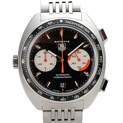 TAG Heuer Autavia Chronograph CY2111 mit Edelstahlband, schwarzem Zifferblatt und Automatikwerk.
