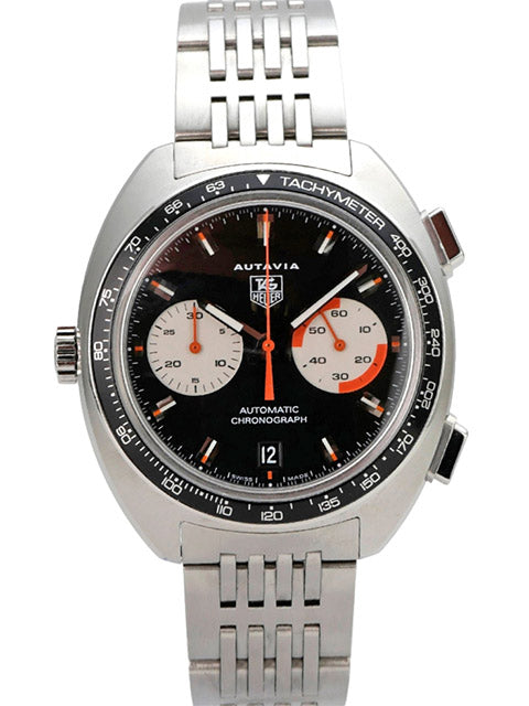TAG Heuer Autavia Chronograph CY2111 mit Edelstahlband, schwarzem Zifferblatt und Automatikwerk.