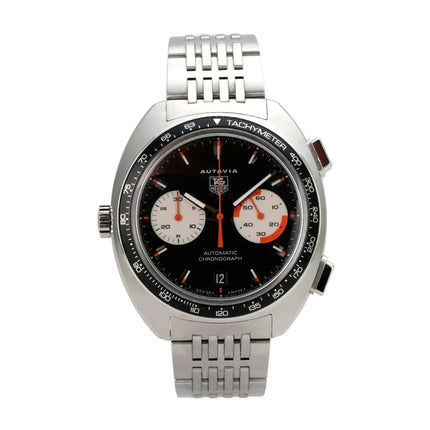 TAG Heuer Autavia Chronograph CY2111 mit Edelstahlgehäuse, schwarzem Zifferblatt, Chronograph und Automatikwerk.