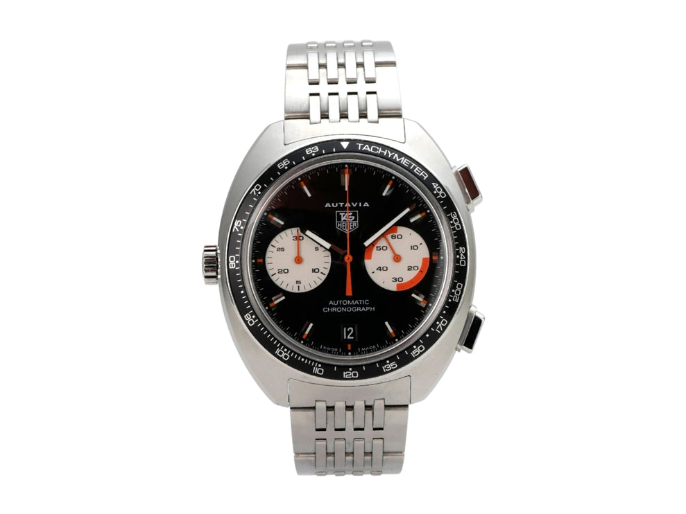 TAG Heuer Autavia Chronograph CY2111 mit Edelstahlgehäuse, schwarzem Zifferblatt, Chronograph und Automatikwerk.