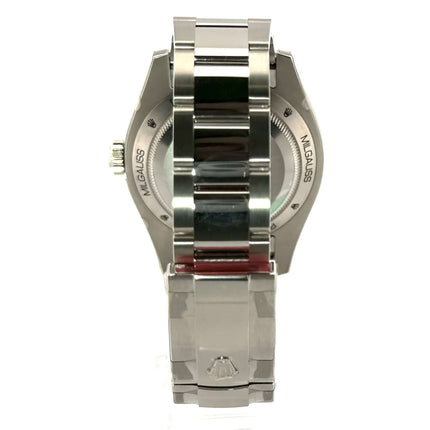 Rückseite der Edelstahl Rolex Oyster Perpetual Milgauss 116400GV, poliertes Oyster Edelstahl Armband, Sicherheitsfaltschließe, Gehäuse 40 mm