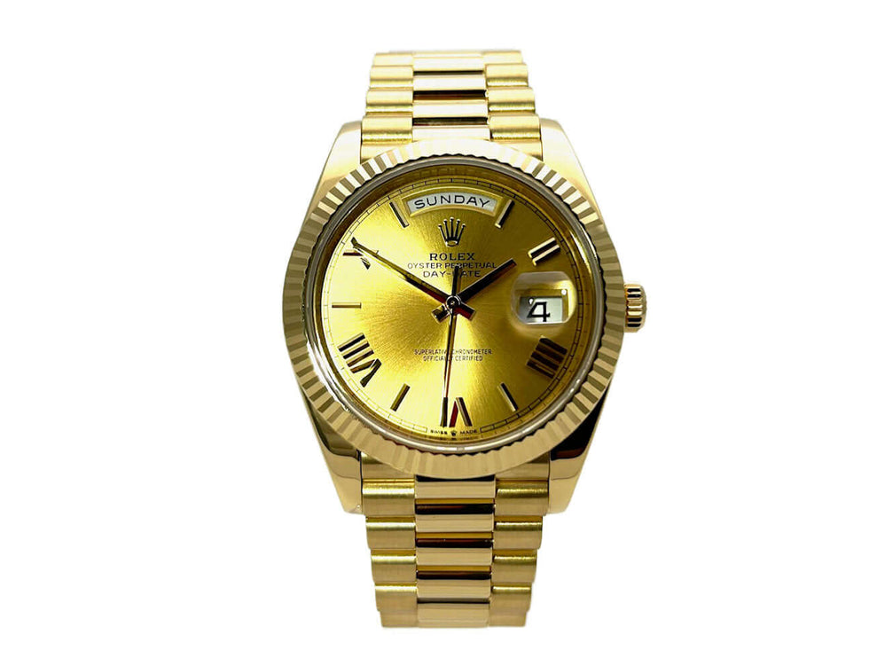 Rolex Day-Date 40 Gelbgold Ref. 228238 mit champagnerfarbenem Zifferblatt und Präsident Armband, 18 kt Gelbgold, Baujahr 2020