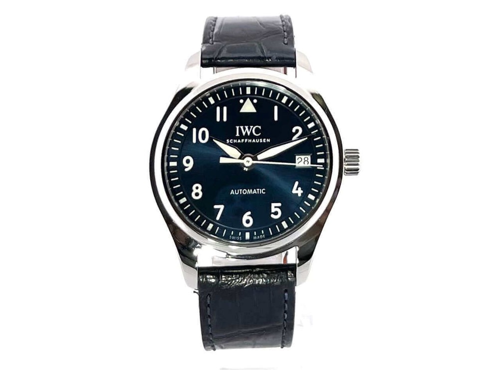 IWC Fliegeruhr Automatik 36 Ref. IW324008 in Edelstahl mit blauem Zifferblatt und Lederband, klassisches Pilotenuhr-Design