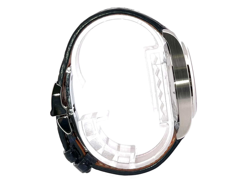 IWC Fliegeruhr Automatik 36 IW324008 Seitenansicht mit blauem Lederband und Faltschließe im Edelstahlgehäuse