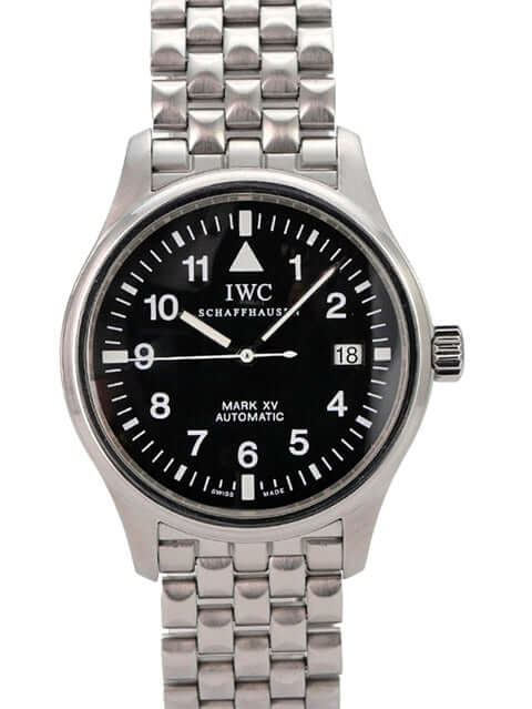 IWC Pilot`s Watch Mark XV IW325307 mit schwarzem Zifferblatt und Edelstahlarmband, Automatikuhr im sehr guten Zustand.