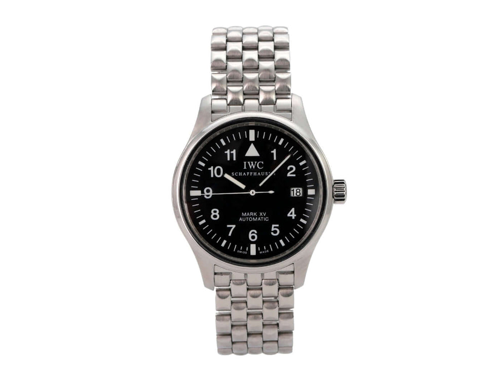 IWC Pilot`s Watch Mark XV IW325307 mit Edelstahlband und schwarzem Zifferblatt, Automatikwerk, sehr guter Zustand.