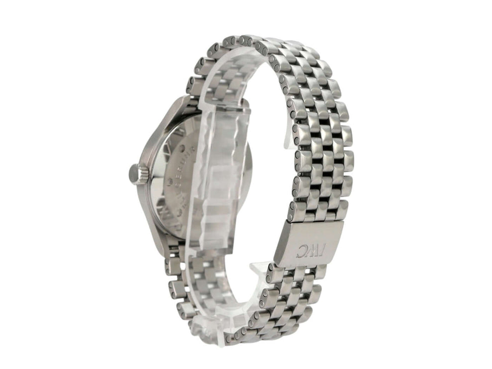 IWC Pilot`s Watch Mark XV IW325307 aus Edelstahl mit satiniertem Gehäuse und Edelstahlband, seitliche Ansicht.