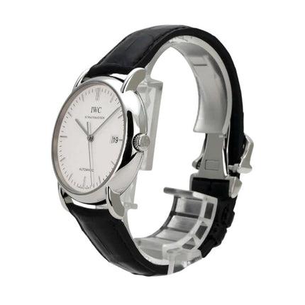 IWC Portofino Automatik IW353301 elegante Armbanduhr mit silbernem Zifferblatt und schwarzem Lederarmband