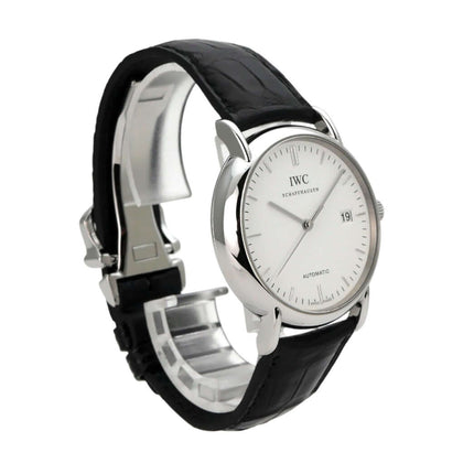 IWC Portofino Automatik IW353301 mit schwarzem Lederarmband und silbernem Zifferblatt