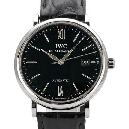 IWC Portofino Automatik IW356506, 40 mm Edelstahlgehäuse, schwarzes Zifferblatt, schwarzes Lederband, Automatikwerk.
