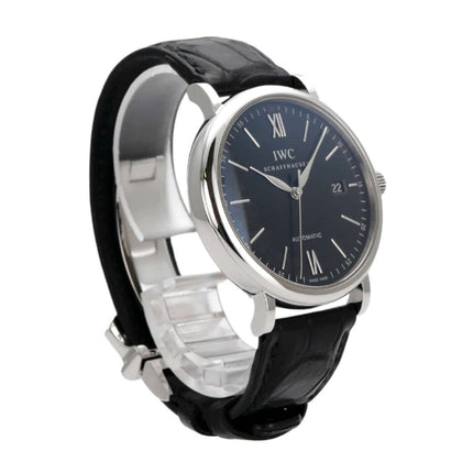 IWC Portofino Automatik IW356506, Edelstahlgehäuse, schwarzes Zifferblatt, schwarzes Lederband, Automatikwerk 35111