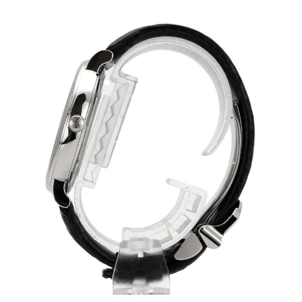 Seitenansicht der IWC Portofino Automatik IW356506 mit schwarzem Lederband und Edelstahlgehäuse.