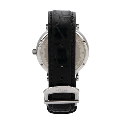 Rückansicht der IWC Portofino Automatik IW356506 mit schwarzem Lederband und Edelstahlgehäuse.