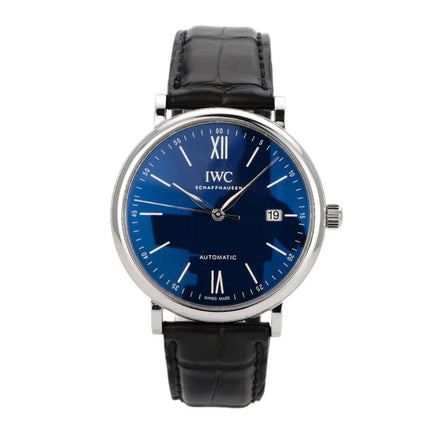 IWC Portofino Automatik 150 Jahre IW356518 mit blauem Zifferblatt, schwarzem Lederarmband und Automatikwerk.