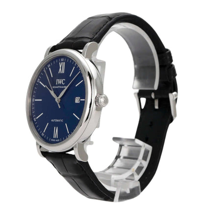 IWC Portofino Automatik 150 Jahre IW356518, Edelstahl, schwarzes Lederarmband, blaues Zifferblatt, Automatikwerk