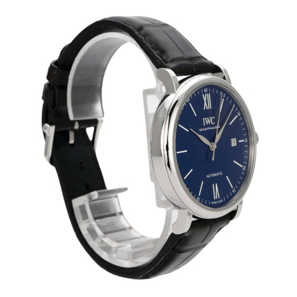IWC Portofino Automatik Edition 150 Jahre IW356518, Edelstahl, schwarzes Lederarmband, blaues Zifferblatt, Automatikwerk.
