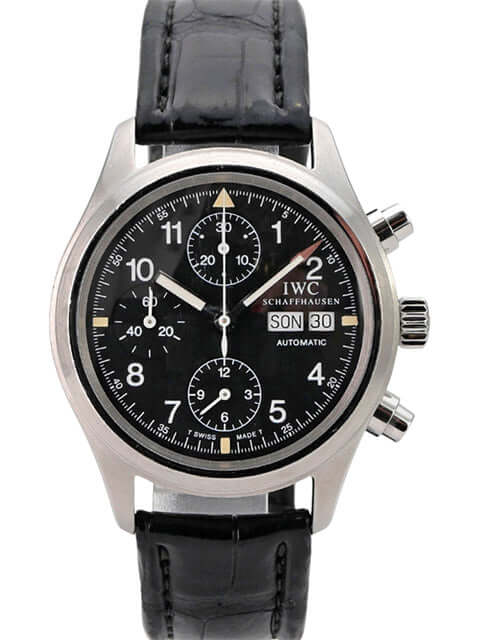 IWC Fliegeruhr Chronograph Automatic IW3706-001 mit schwarzem Zifferblatt und schwarzem Lederband.