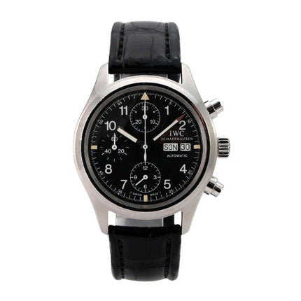 IWC Fliegeruhr Chronograph Automatic IW3706-001 mit schwarzem Zifferblatt und Lederband, sehr guter Zustand.