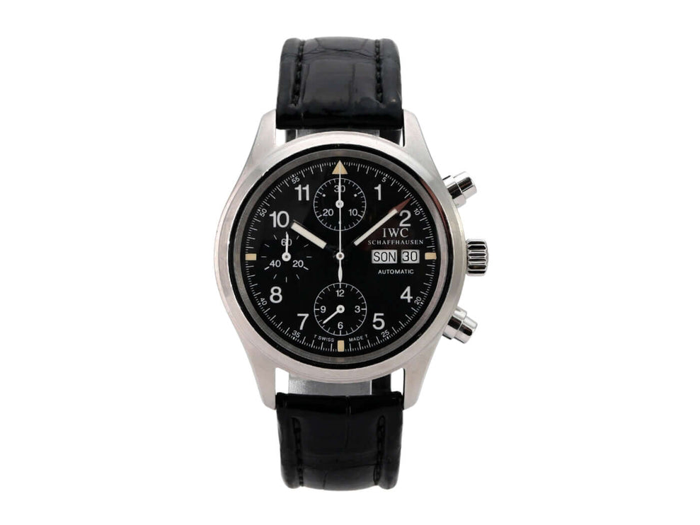 IWC Fliegeruhr Chronograph Automatic IW3706-001 mit schwarzem Zifferblatt und Lederband, sehr guter Zustand.