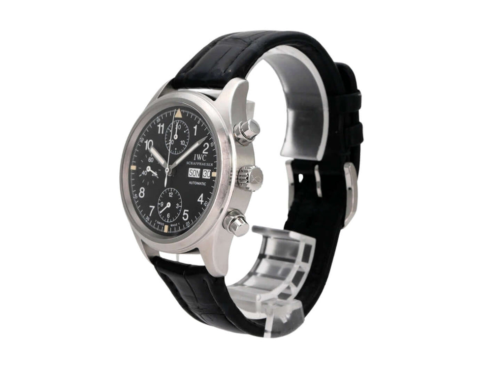 IWC Fliegeruhr Chronograph Automatic IW3706-001 auf schwarzem Lederband mit schwarzem Zifferblatt und Stahlgehäuse