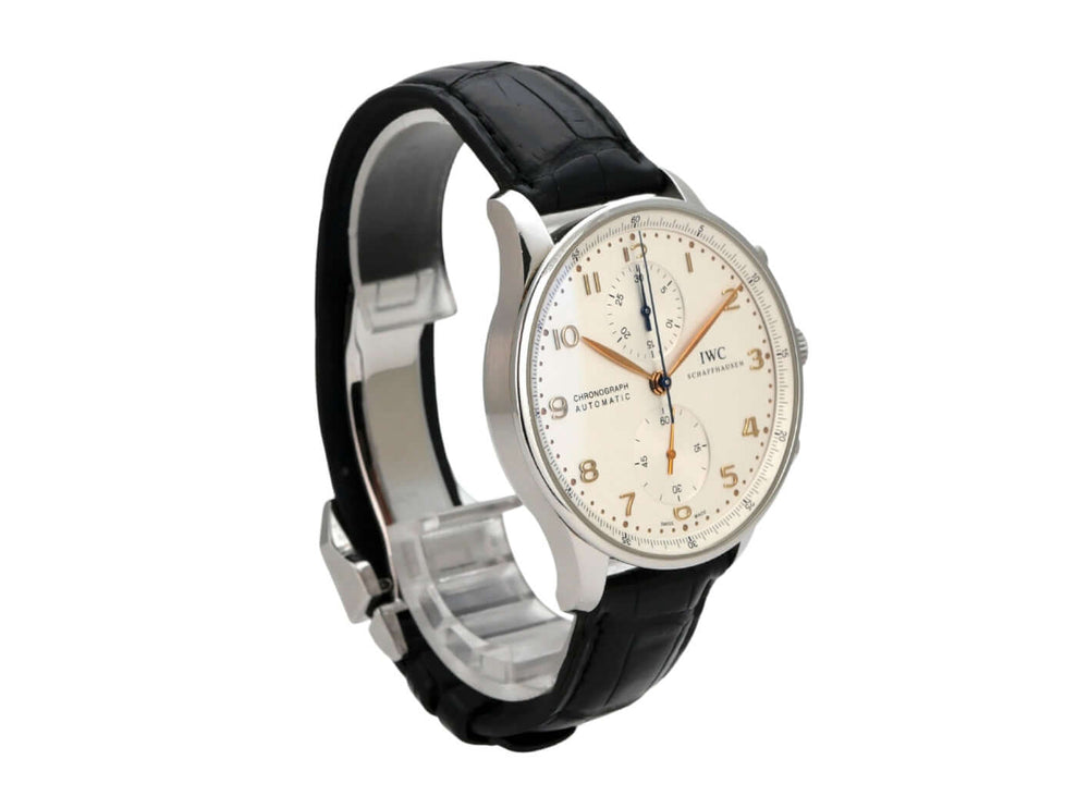 IWC Portugieser Chronograph Automatik IW371445, Edelstahl, schwarzes Alligatorlederband, silbernes Zifferblatt, rosegoldene Zeiger.