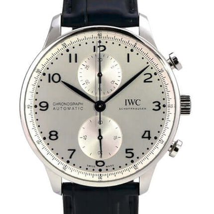IWC Portugieser Chronograph IW371605 mit silbernem Zifferblatt und blauem Alligatorlederband
