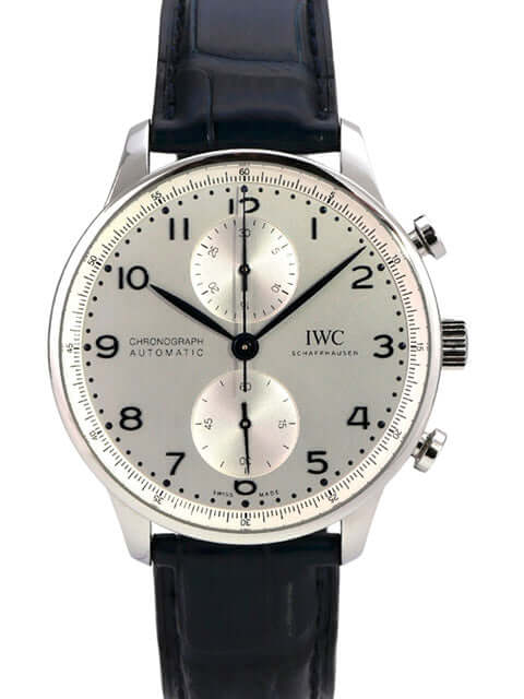 IWC Portugieser Chronograph IW371605 mit silbernem Zifferblatt und blauem Alligatorlederband