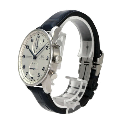 IWC Portugieser Chronograph IW371605 mit silbernem Zifferblatt und blauem Alligatorlederband