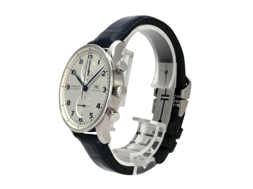 IWC Portugieser Chronograph IW371605 mit silbernem Zifferblatt und blauem Alligatorlederband