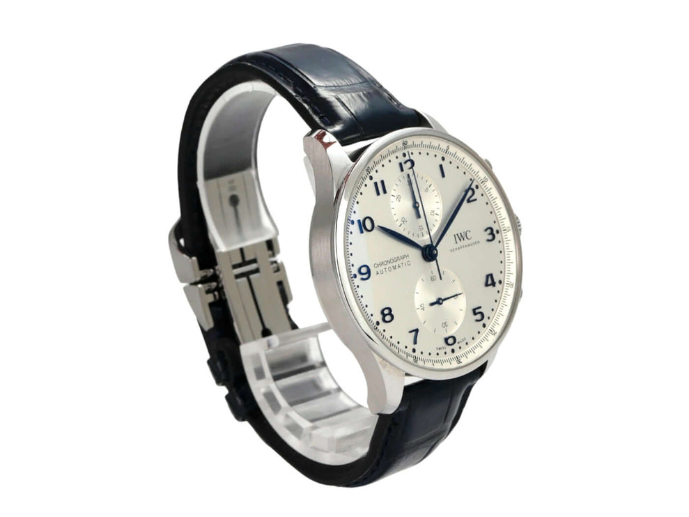 IWC Portugieser Chronograph IW371605 mit blauem Alligatorlederband und silbernem Zifferblatt