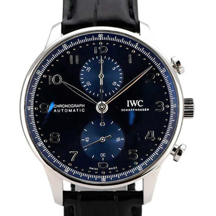 IWC Portugieser Chronograph IW371606, blauer Chronograph mit Edelstahlgehäuse, schwarzem Alligatorlederband und Automatikwerk