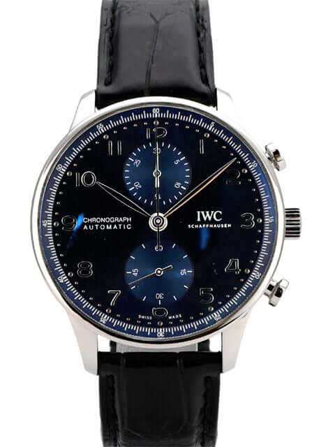 IWC Portugieser Chronograph IW371606, blauer Chronograph mit Edelstahlgehäuse, schwarzem Alligatorlederband und Automatikwerk