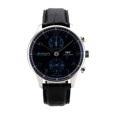 IWC Portugieser Chronograph IW371606 mit blauem Zifferblatt, Edelstahlgehäuse und schwarzem Alligatorlederband