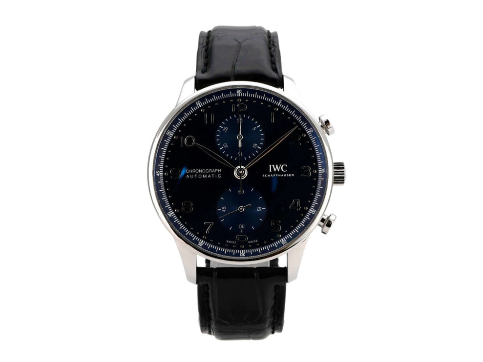 IWC Portugieser Chronograph IW371606 mit blauem Zifferblatt, Edelstahlgehäuse und schwarzem Alligatorlederband