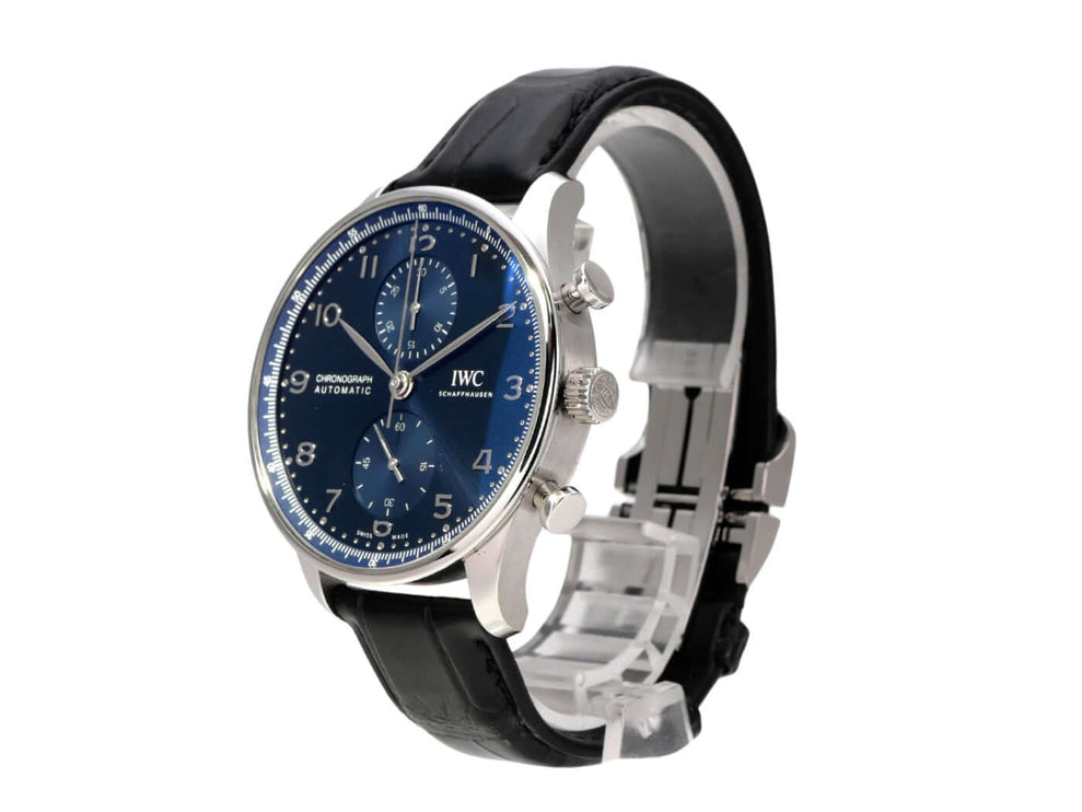 IWC Portugieser Chronograph IW371606 mit blauem Zifferblatt, Edelstahlgehäuse und schwarzem Alligatorlederband