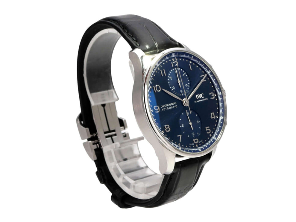 IWC Portugieser Chronograph IW371606 mit blauem Zifferblatt, Edelstahlgehäuse und schwarzem Alligatorlederband