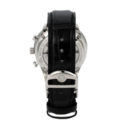 IWC Portugieser Chronograph IW371606 mit schwarzem Alligatorlederband und Edelstahlgehäuse in Rückansicht