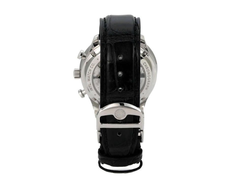 IWC Portugieser Chronograph IW371606 mit schwarzem Alligatorlederband und Edelstahlgehäuse in Rückansicht