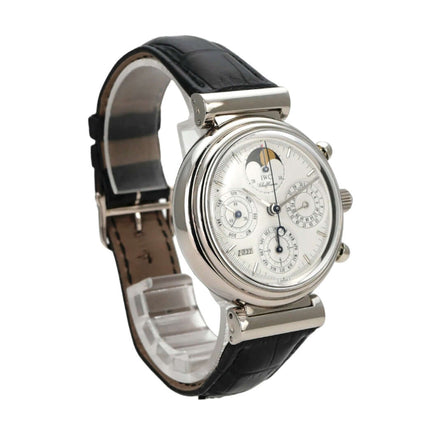 IWC Da Vinci Perpetual Calendar IW3750 Armbanduhr mit schwarzem Lederband und weißen Zifferblatt.