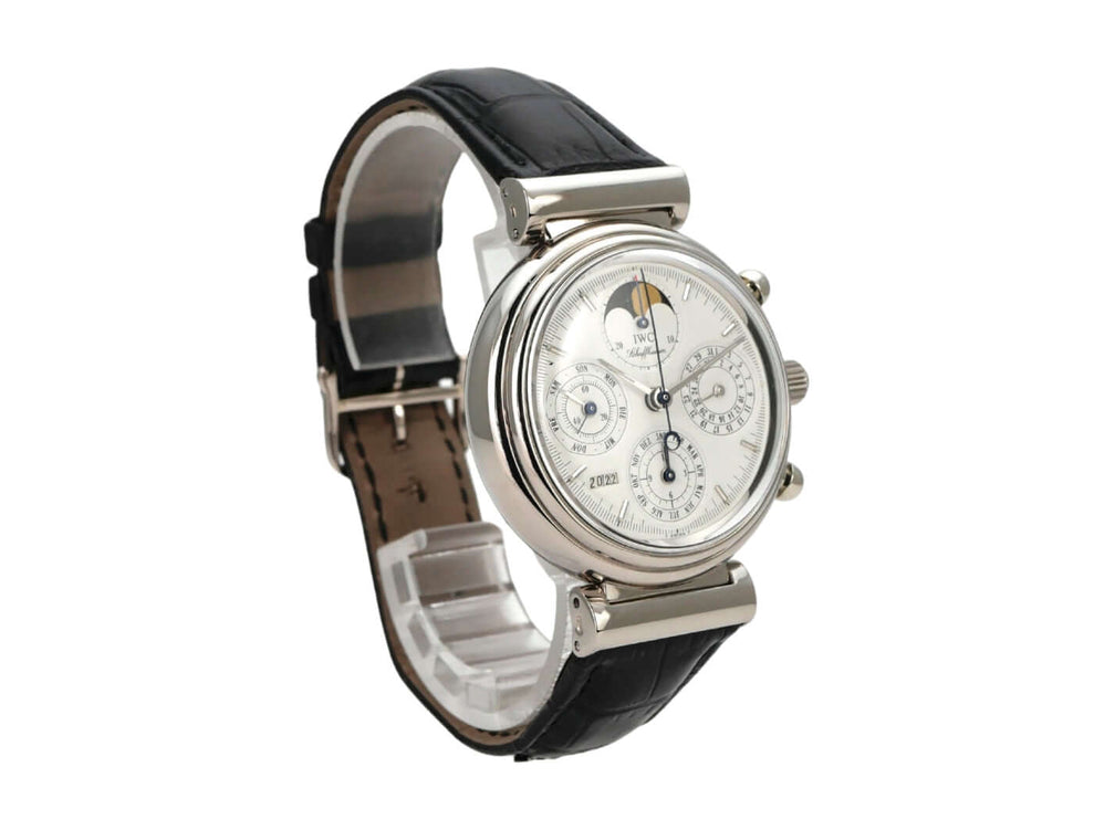 IWC Da Vinci Perpetual Calendar IW3750 Armbanduhr mit schwarzem Lederband und weißen Zifferblatt.