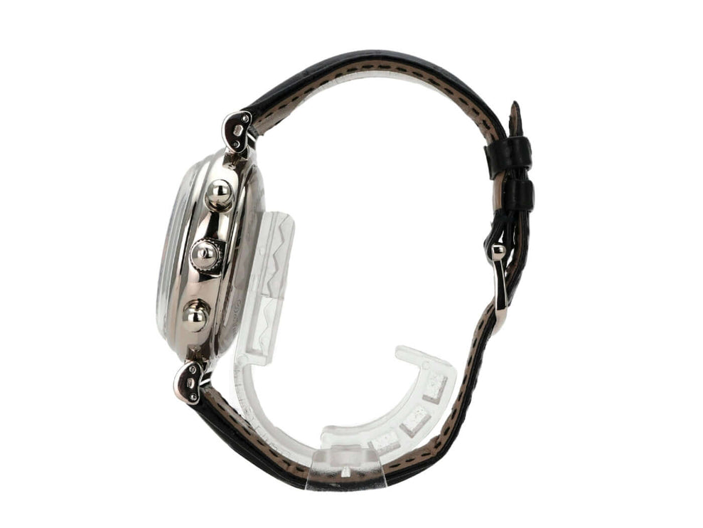 IWC Da Vinci Perpetual Calendar IW3750 seitliche Ansicht mit Lederband und poliertem Edelstahlgehäuse.