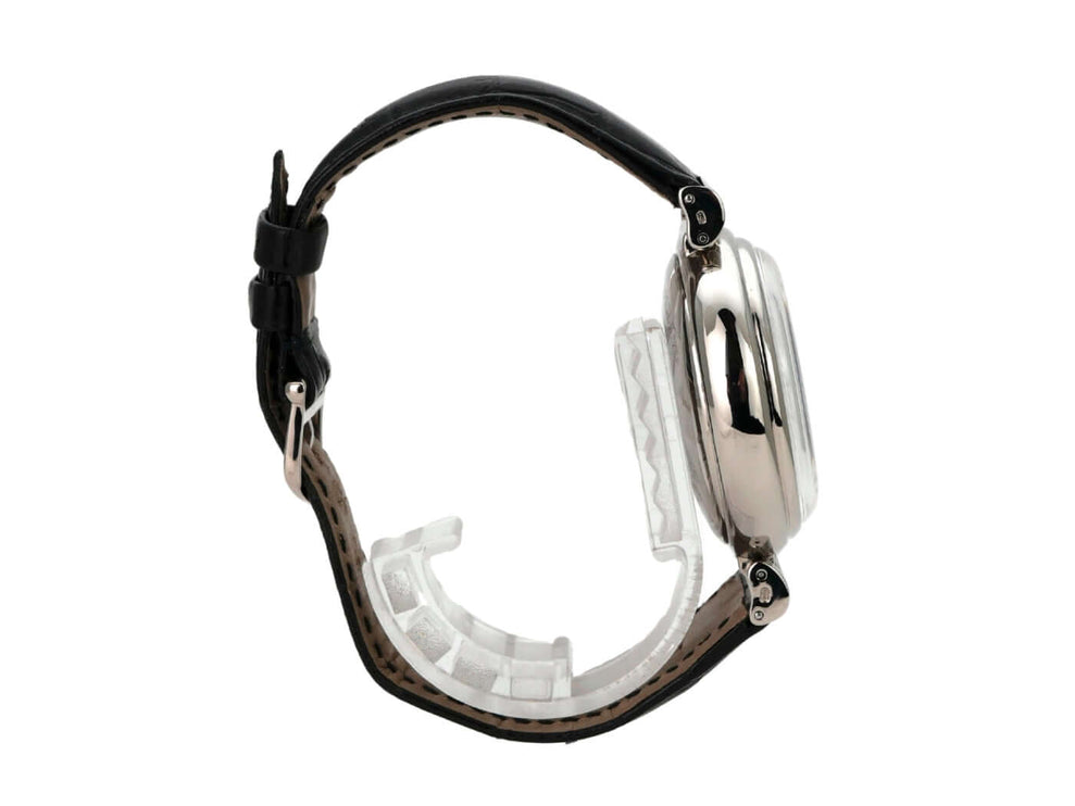 IWC Da Vinci Perpetual Calendar IW3750 seitliche Ansicht der Uhr mit schwarzem Lederband und Edelstahlgehäuse.