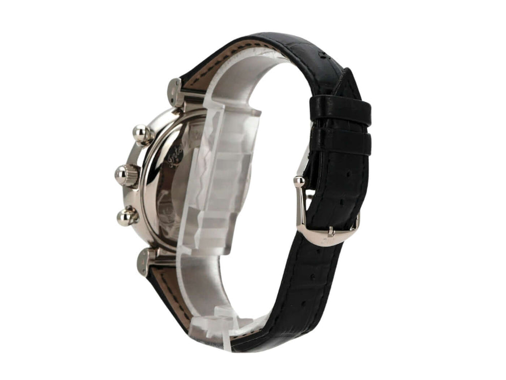 IWC Da Vinci Perpetual Calendar IW3750, seitliche Ansicht der Uhr mit schwarzem Lederarmband und poliertem Edelstahlgehäuse.