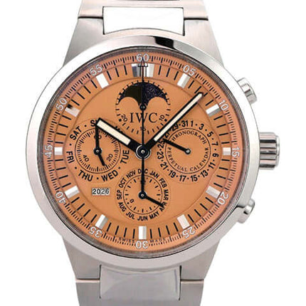 IWC GST Perpetual Calendar IW3756-011 in Edelstahl mit lachsfarbenem Zifferblatt und automatischem Werk.