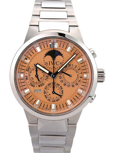 IWC GST Perpetual Calendar IW3756-011 in Edelstahl mit lachsfarbenem Zifferblatt und automatischem Werk.