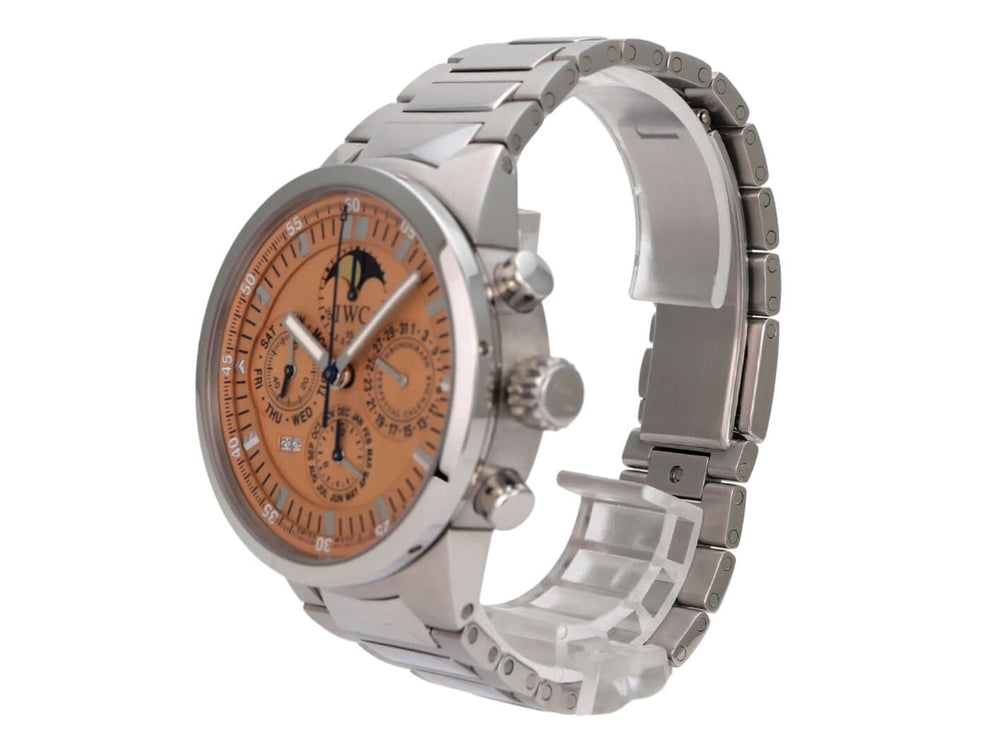 IWC GST Perpetual Calendar IW3756-011, Edelstahl Armbanduhr mit lachsfarbenem Zifferblatt und Automatikuhrwerk.