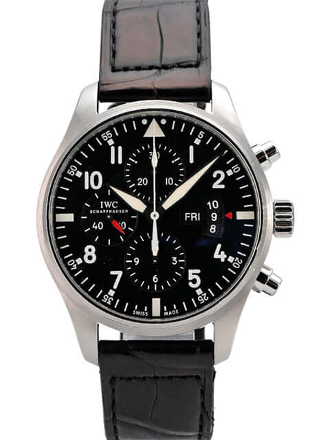IWC Fliegeruhr Chrono-Automatic mit schwarzem Zifferblatt und schwarzem Lederarmband.