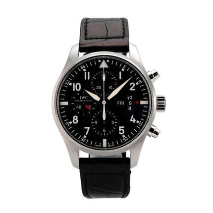 IWC Fliegeruhr Chrono-Automatic, Edelstahlgehäuse, schwarzes Zifferblatt, schwarzes Lederarmband, Chronograph